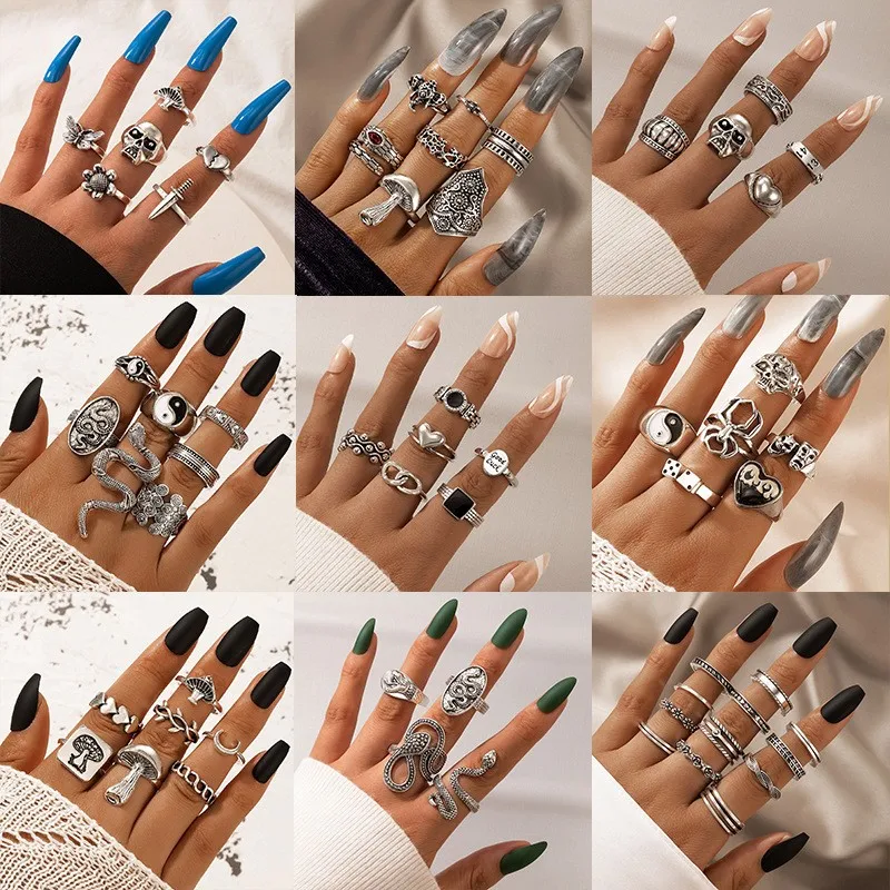 

Docona Vintage Heart Drop Oil Rings for Women Mushroom Snake Spider Animal Hollow Silver Color Ring Set Jewelry Wholesale