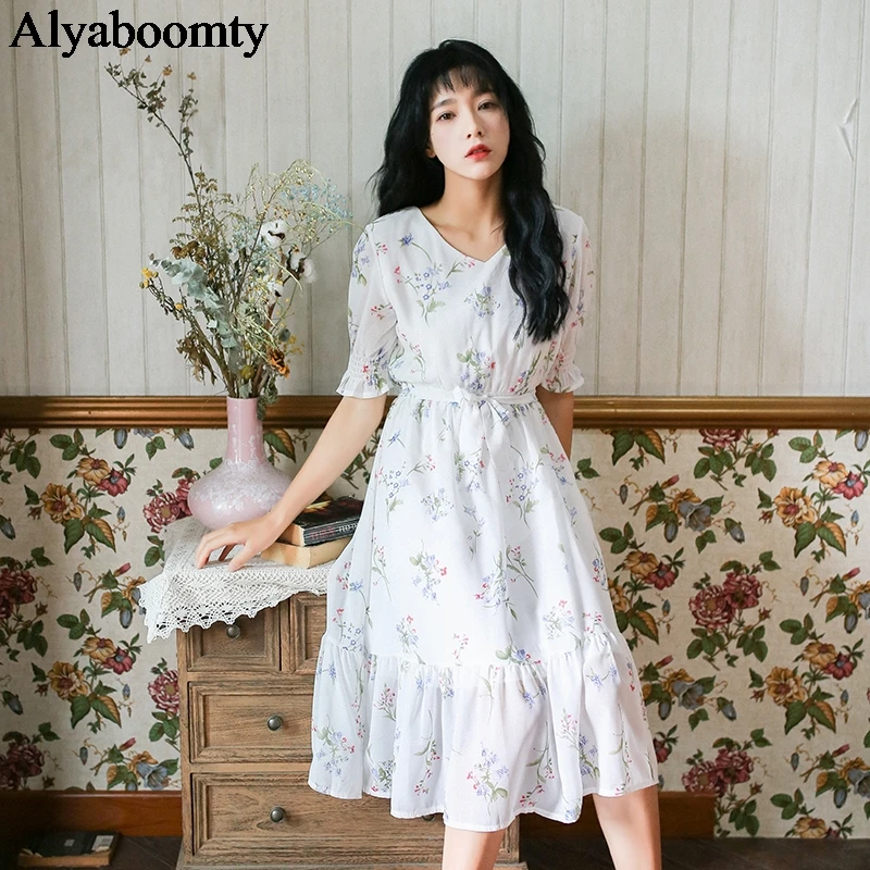 2020 New Summer Women Floral Long Dress V Neck Flowers Printed High Waist Vestidos Femininos Chiffon Ruffles Mori Girl Dresses | Женская
