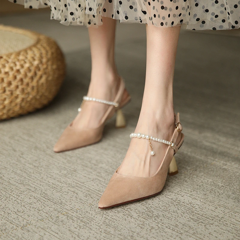 

CONASCO Elegant Slingbacks Women Pumps New String Bead Pointed Toe High Heels Party Wedding Kid Suede Shoes Woman Spring Summer
