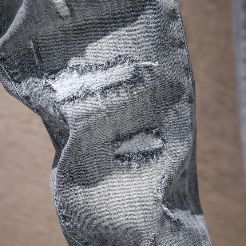 Мужские рваные обтягивающие джинсы серый светильник синий Эластичность Высокая