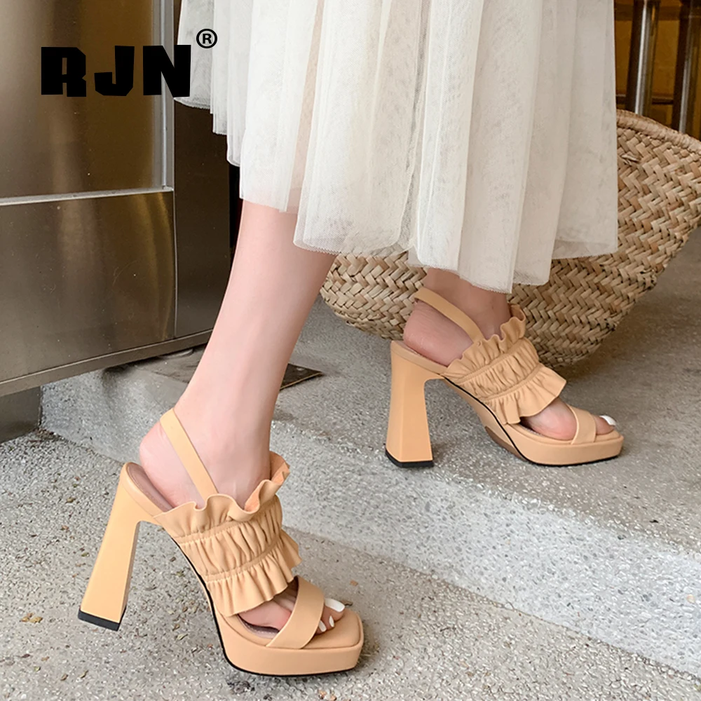 

RJN Super High Heel Mature Stylish Pleated Sandals Women Shoes 2021 Summer Soft New Dressing Square Toe Genuine Leather RL123