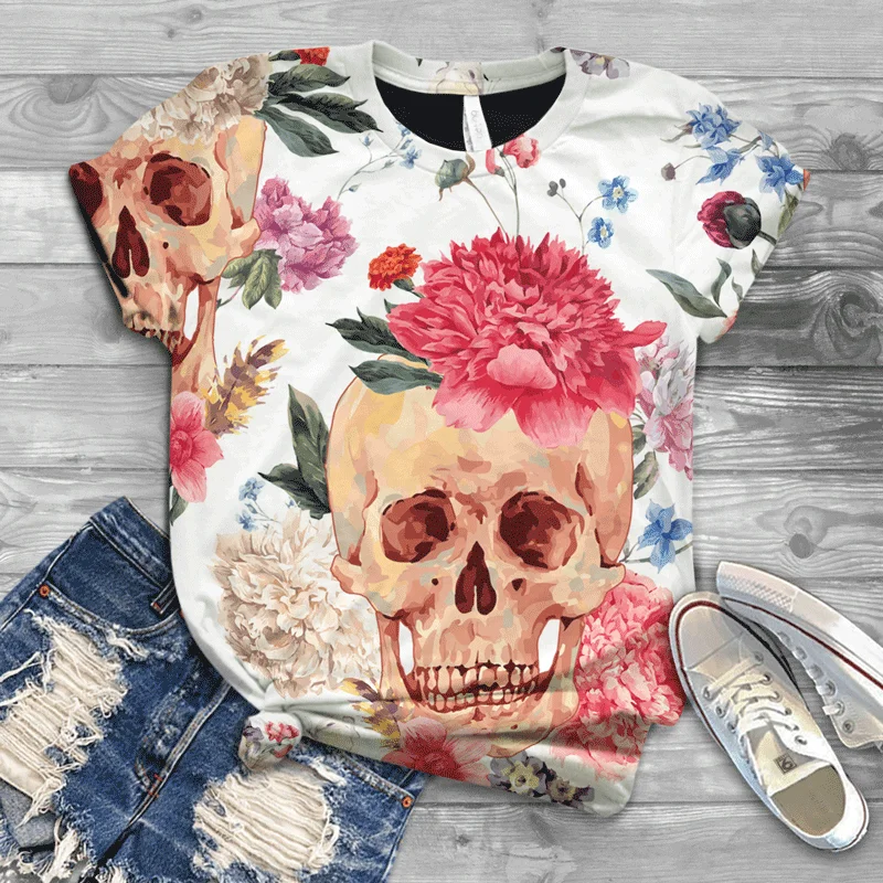 

2021 new summer Harajuku ladies round neck plus size T-shirt horror skull pattern street fashion T-shirt