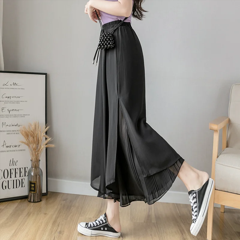 

2021 New Women Wide Leg Pants Solid Color Lace-up Pant Korean Style Loose Leisure High Waists Female Spring Chiffon Trousers Q02