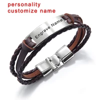 luxury brand custom logo name engrave leather bangle bracelet women handmade life saving men rope id bracelets