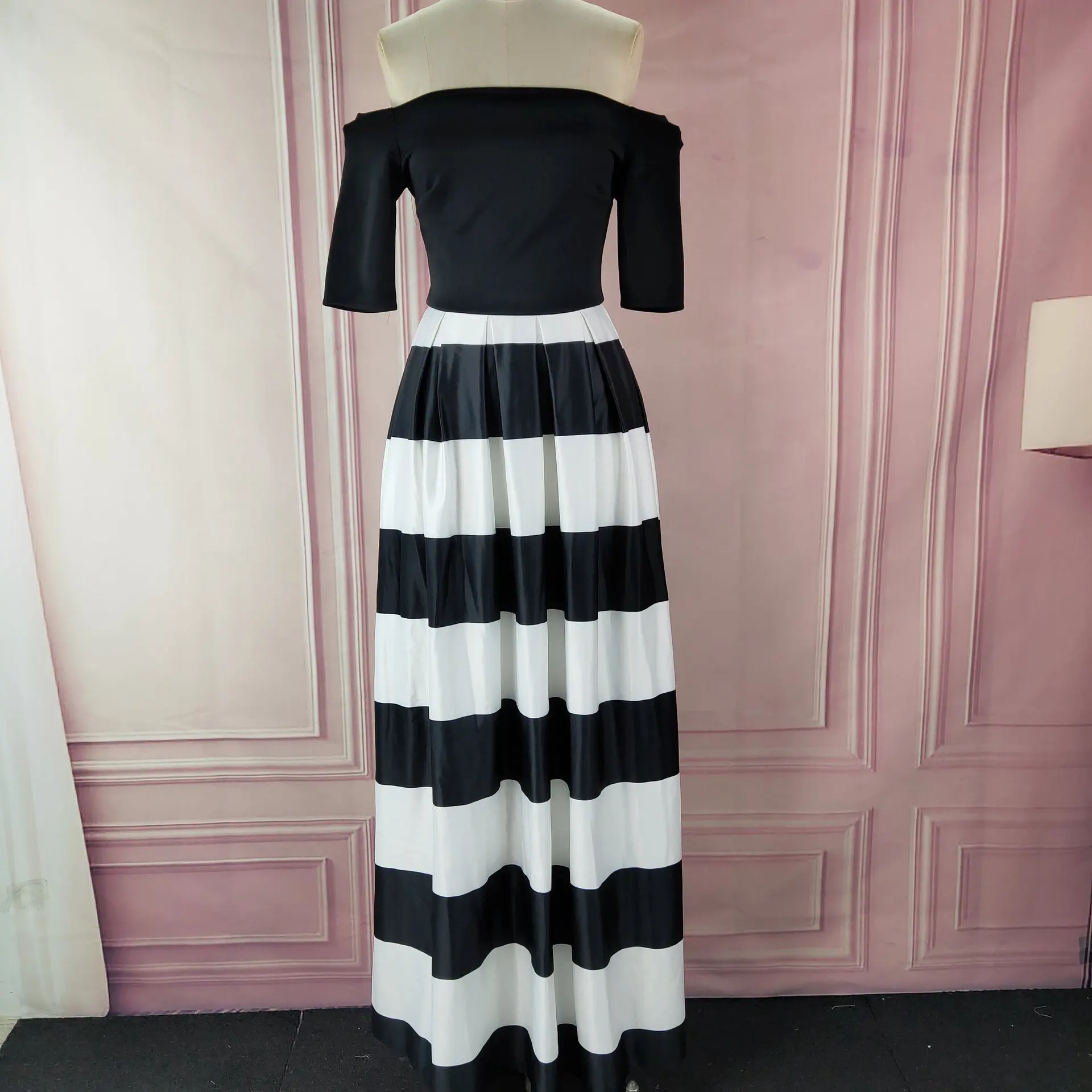 

Yeinchy women sexy off shoulder half sleeve striped ladies A-Line maxi dress FM6008