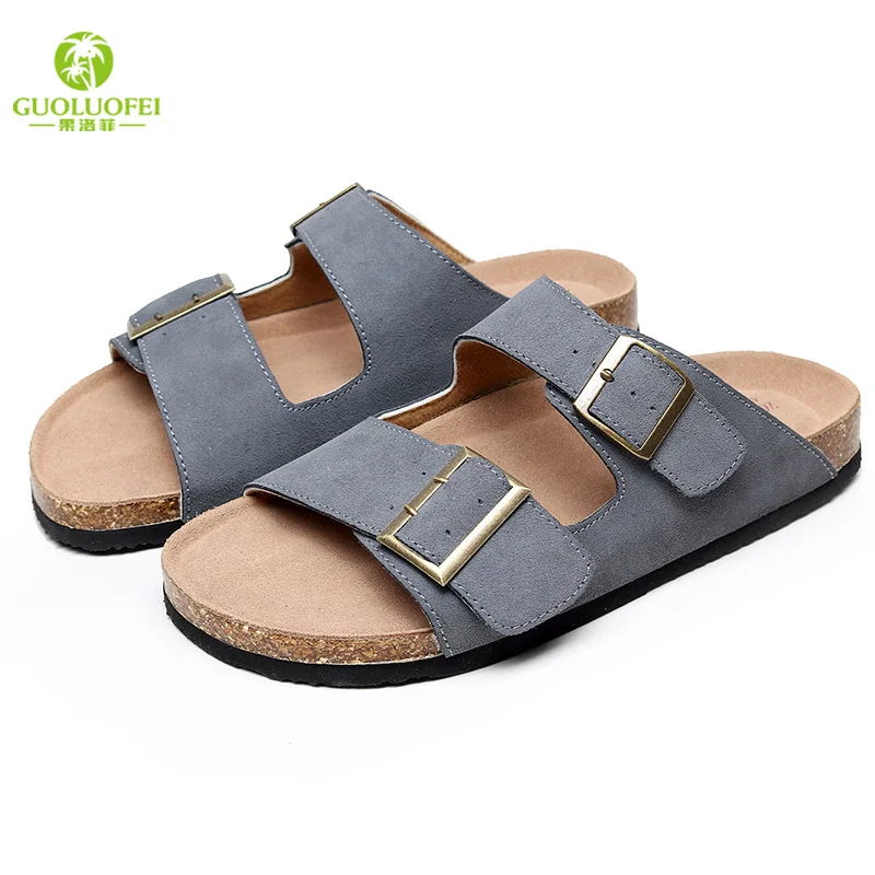 

Men's Cow Leather Cork Slippers 2021 Summer New Men's Double Buckle Non-slip Cork Sandals Casual Beach Shoes