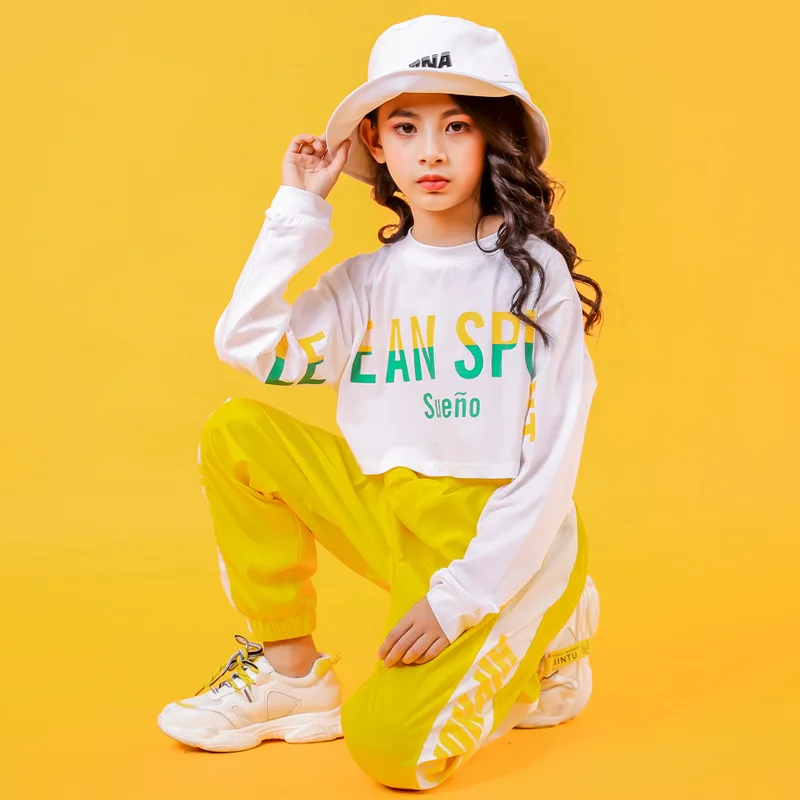 

Kid Cool Hip Hop Clothing White Sweatshirt Short Top Crop Shirt Running Casual Pants for Girls Jazz Dance Costumes Clothes Wear