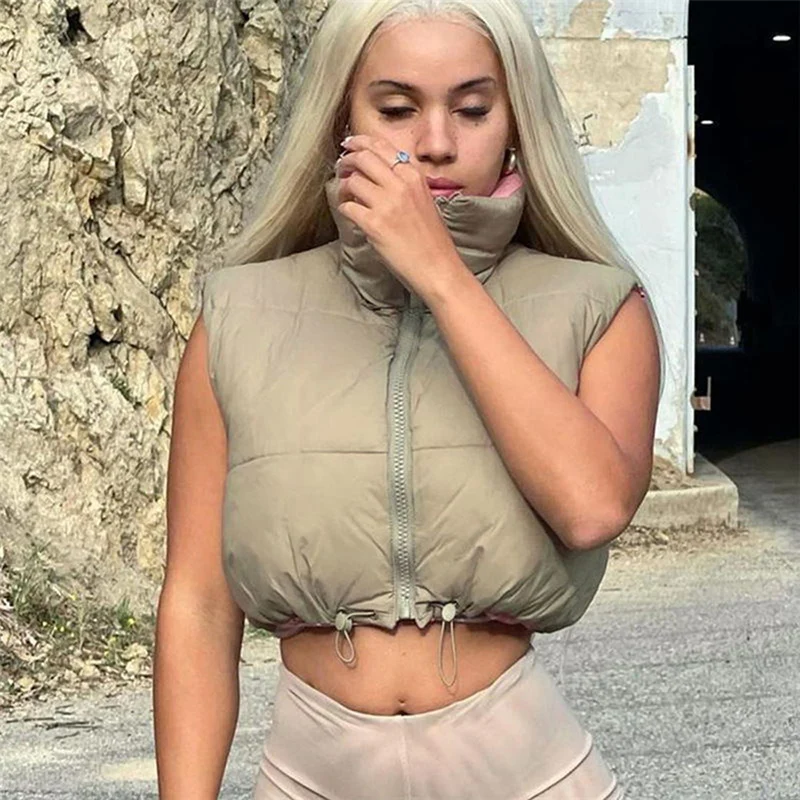 

Women's Casual Brown Short Vest Jacket 2021 Fall and Winter Stand Collar Zipper Ladies Fashion Top