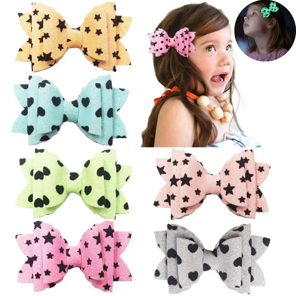 Блестящие заколки с бантами для волос 6 шт. светящиеся в темноте большие