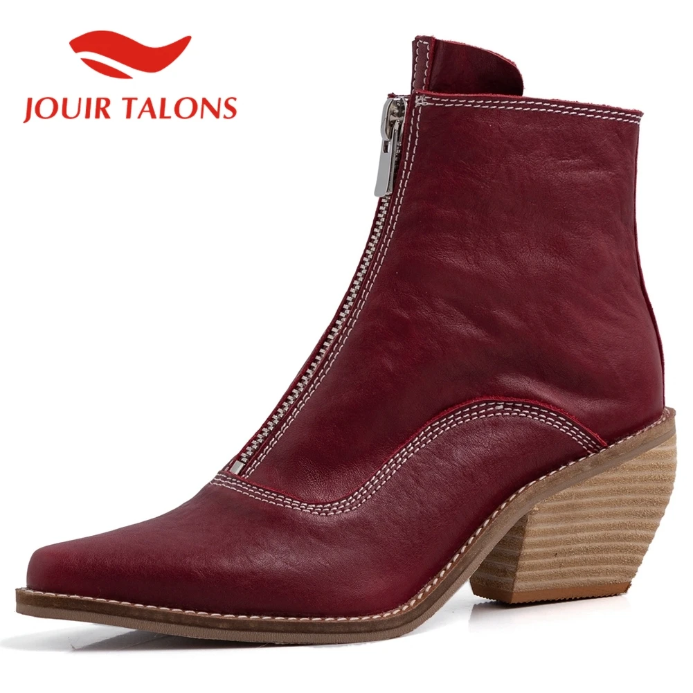 

JOUIR TALONS 2020 New Arrivals women shoes Genuine Leather Classics Zipper Solid Chunky Heels Fashion Ankle Boots