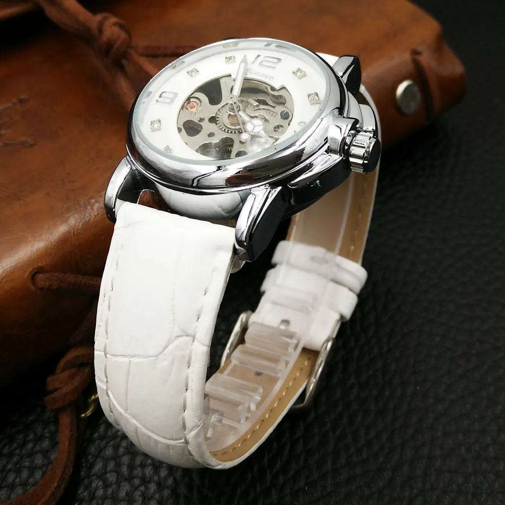 Женские часы Дамы Скелет механические с автоматическим заводом белый кожаный