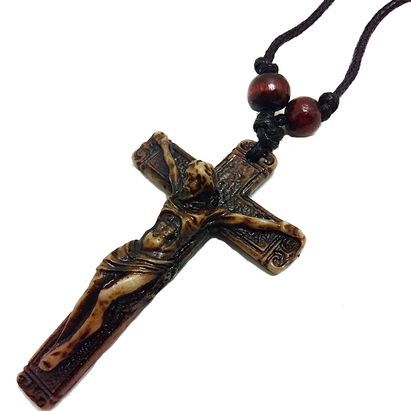 Vintage Resin Jesus Cross Pendant Necklace Beads Leather Rope Men Women Retro Prayer Choker Necklaces Fashion Jewelry s|fashion choker|cross