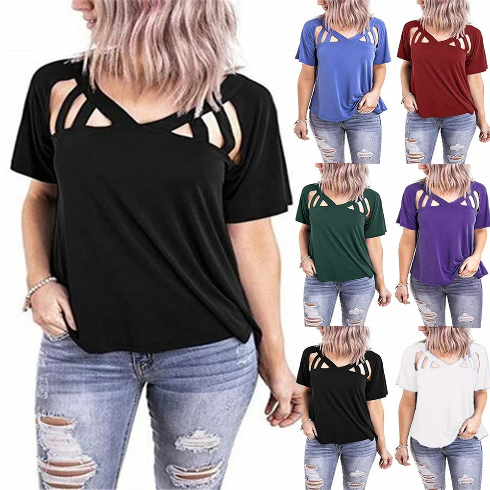

VICABO Women Summer Short Sleeve Solid Color Hollow Out T Shirt Fashion Loose V-Neck Tops Casual Female Clothing