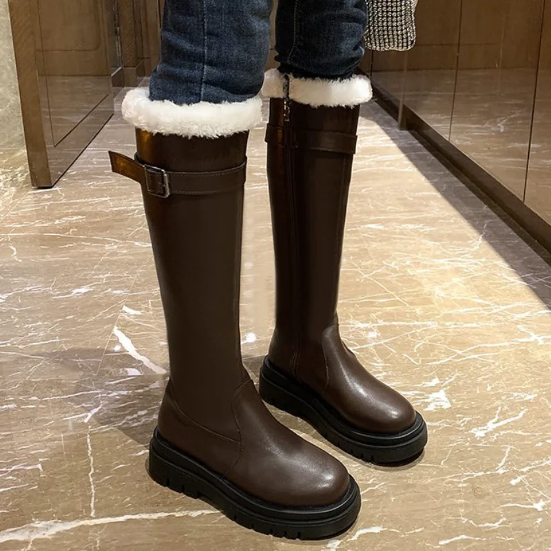 

Fashion Women's High Boots New Winter Shoes Women Warm Plush Platform Knee High Long Boots PU Leather Zipper Ladies Shoes 2021