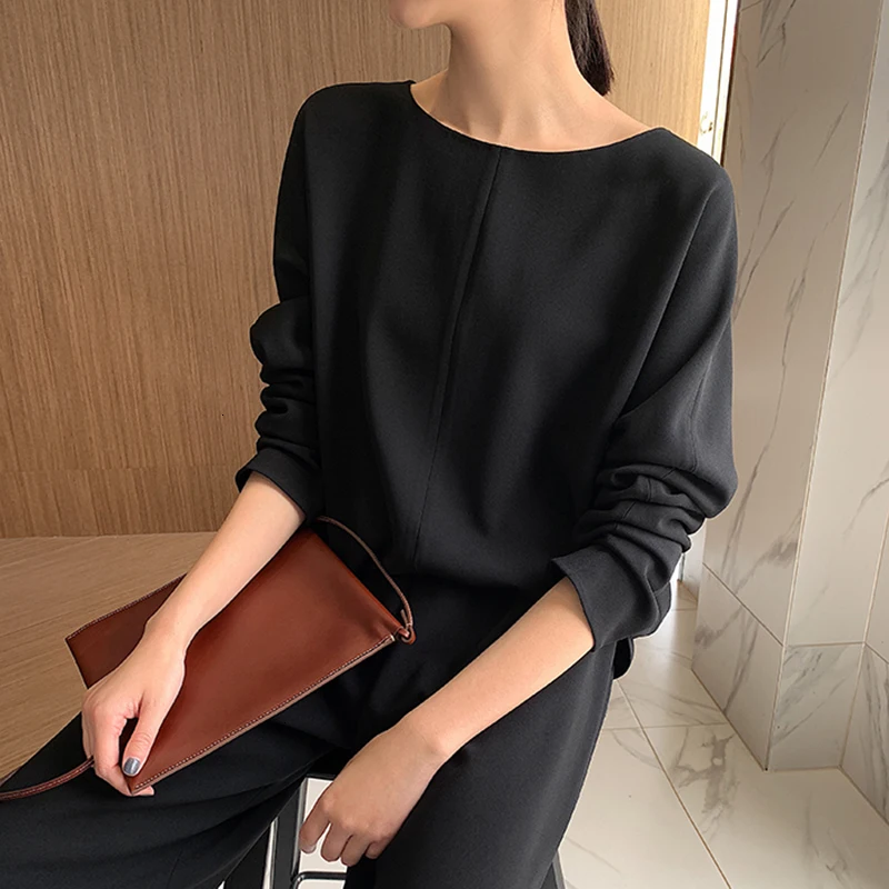 TWOTWINSTYLE однотонный Повседневный Женский комплект из двух предметов с круглым вырезом, длинным рукавом, высокой талией, широкими штанинами, женские костюмы, модная Осенняя Новинка