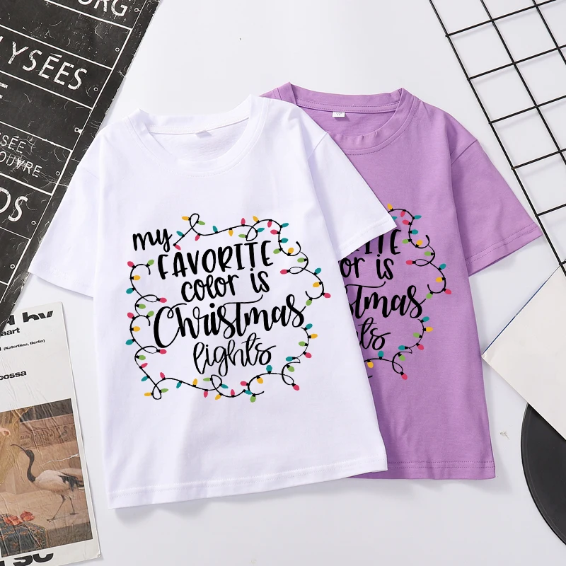 

Футболка на Рождество my-любимый цвет-is-lights, летняя одежда для маленьких мальчиков и девочек, повседневные забавные хлопковые детские топы с ...