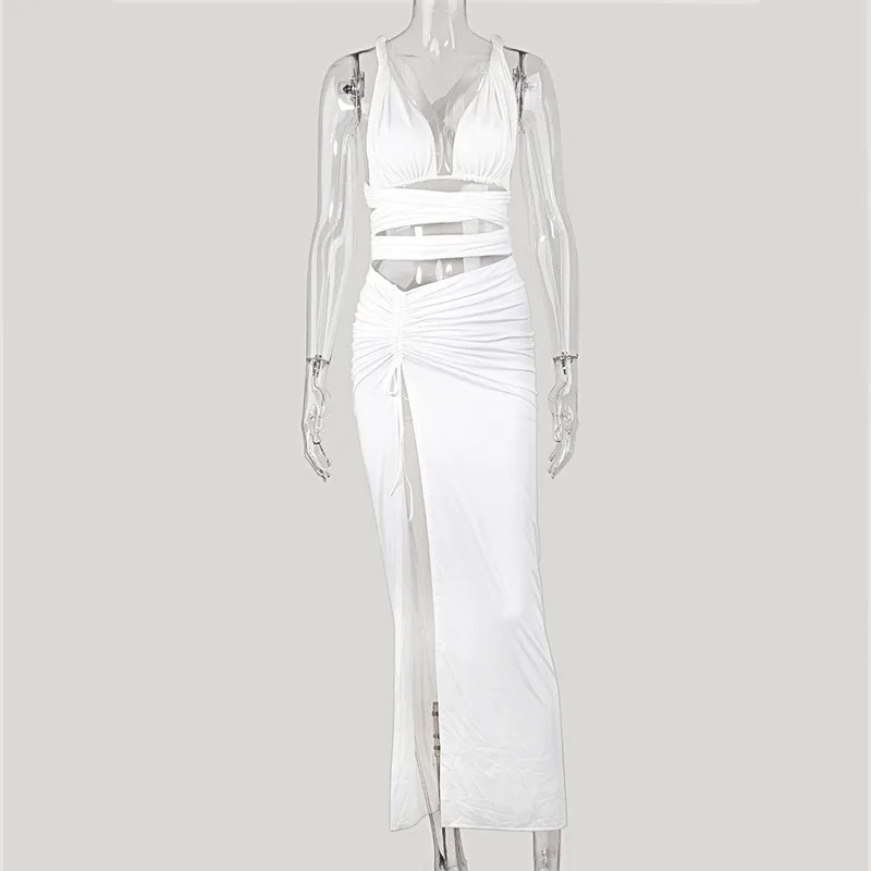 

BJYL White Sexy Bandage 2 Piece Women Sets Drawstring Ruched Sleeveless Party Split Skirt Fashion Outfit Matching Set