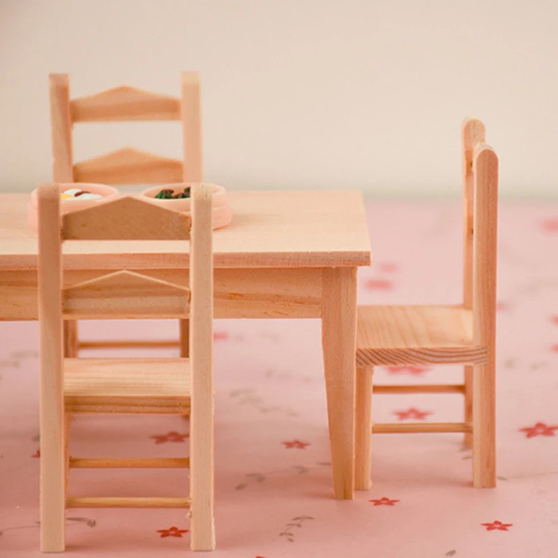 

1:12 Dollhouse Wooden Miniature Furniture Dining Table Chair Model Set Dollhouse Accessories