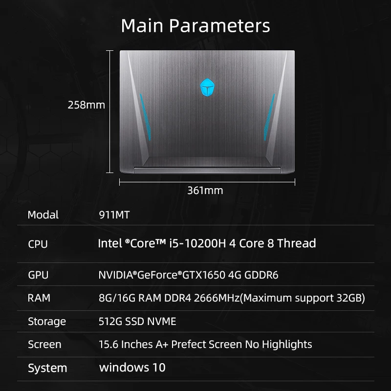 Игровой ноутбук ThundeRobot 911 MT 15 дюймов 6 Intel Core i5 10200H GTX1650 офисный на Windows 10 8 ГБ ОЗУ 512 Гб
