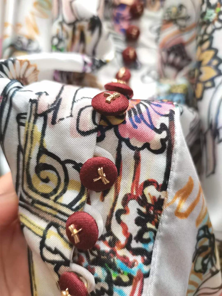 

Catwalk style stand-up collar single-breasted retro geometric print bandage waist loose dress ladies spring new puff skirt