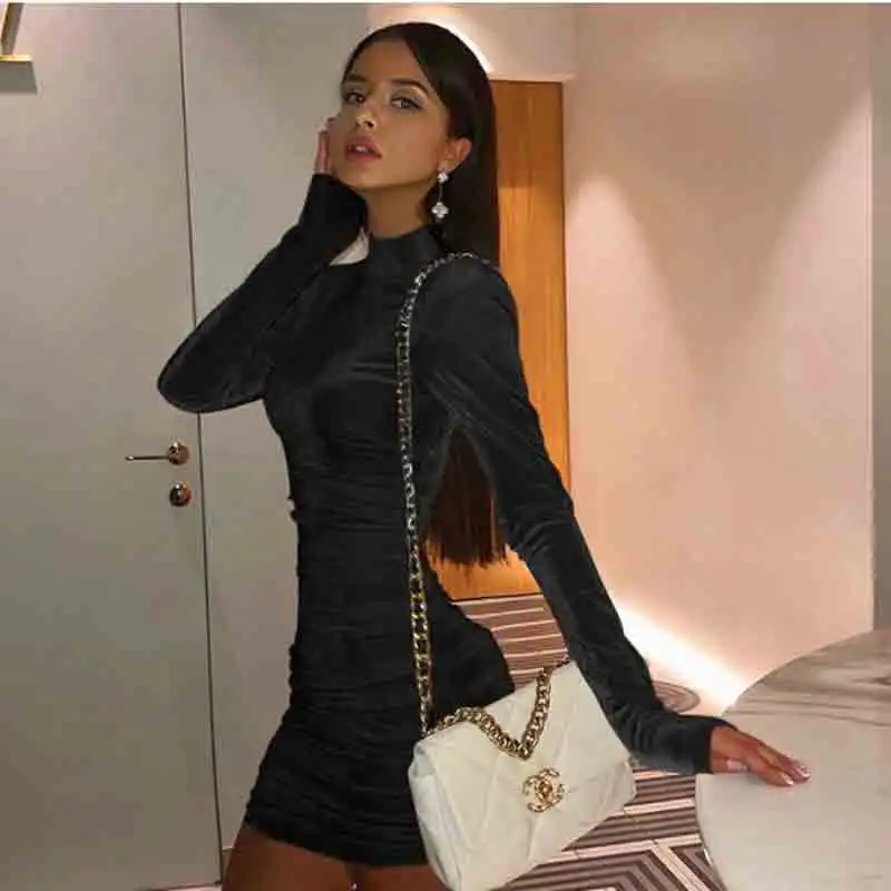 

Turtleneck Long Sleeve Party Dresses Draped Solid Color Slim Elastic Bodycon Autumn Sexy Casual Fashion Mini Dresses