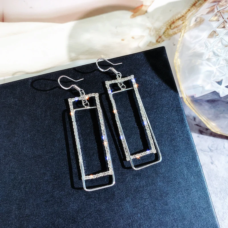 S925 Серебряная игла, модные геометрические серьги, Преувеличенные стразами и цирконием, треугольная длинная секция, золотые серебряные женские серьги