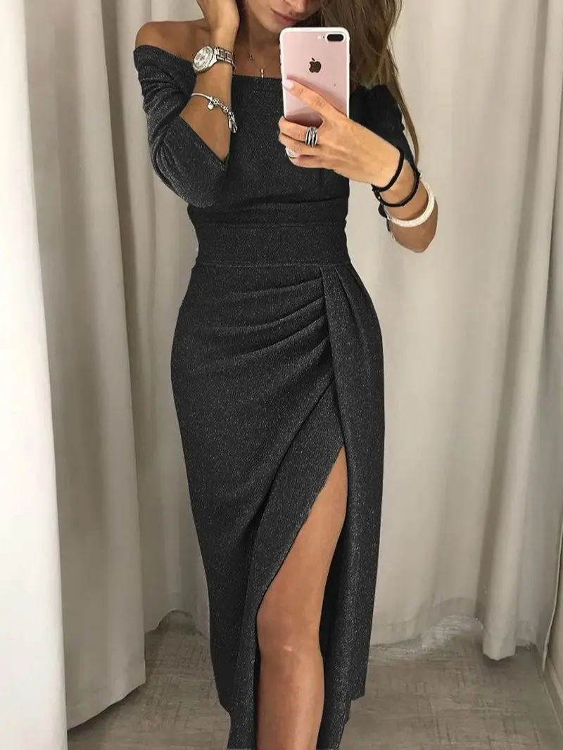 

Vening Party Dress Women Sexy Bright Off Shoulder Slash Neck Sparkly Dress Sleeve High Split Maxi Dress Sexy Club Clothes Dress