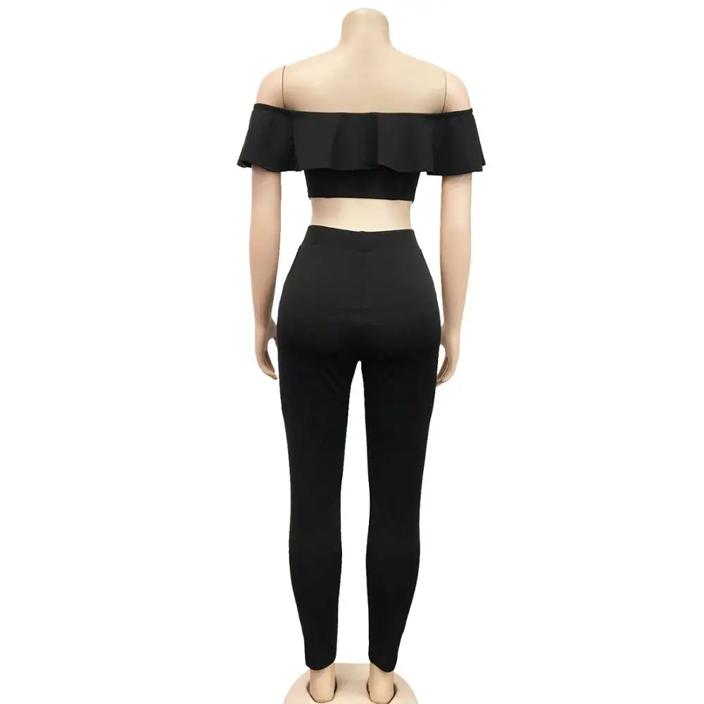 

European summer new sexy solid color women's suit fashion slim off shoulder Short Sleeve Ruffle Top and trousers two-piece set