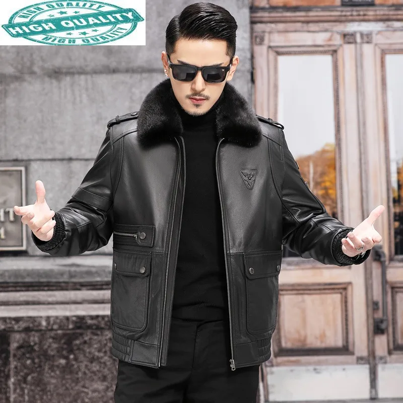 

Coat Men's 100% Genuine Cowhide Leather Jacket Male Big Mink Fur Collar Warm Thick Woolen Liner Coats Jaquetas Gm404