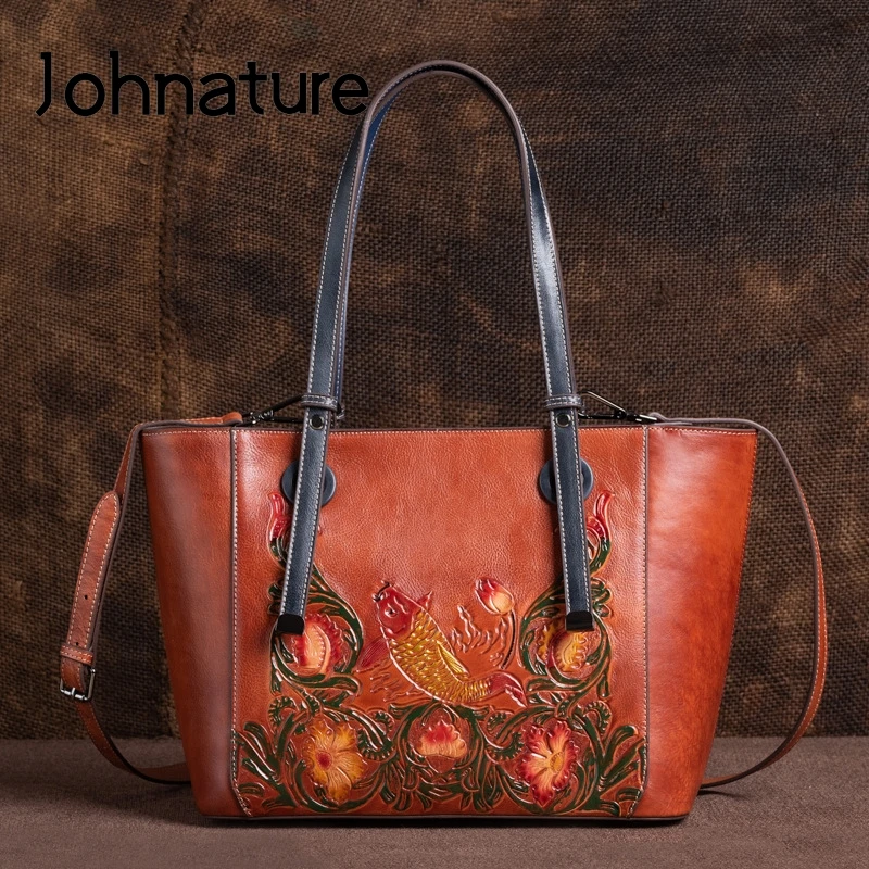 

Женская сумка из коровьей кожи Johnature, вместительная Повседневная Сумка-тоут на плечо, с тиснением, винтажная, ручной работы, 2022
