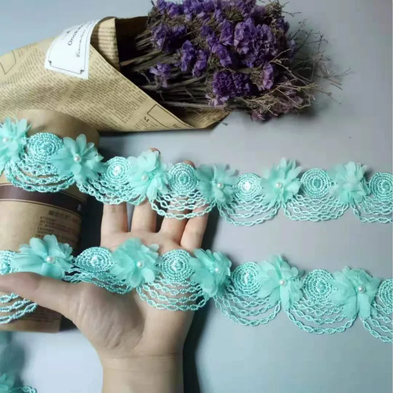 10X зеленый цветок жемчужный шифоновый вышитый кружевной отделкой лента