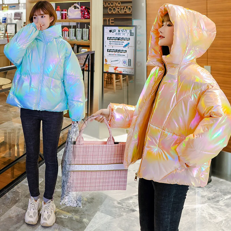 Women Shiny Colorful Bright Cotton Coat Winter Glossy Down Cotton Padded Bomber Puffer Jacket Thick Bread Reflective Parkas