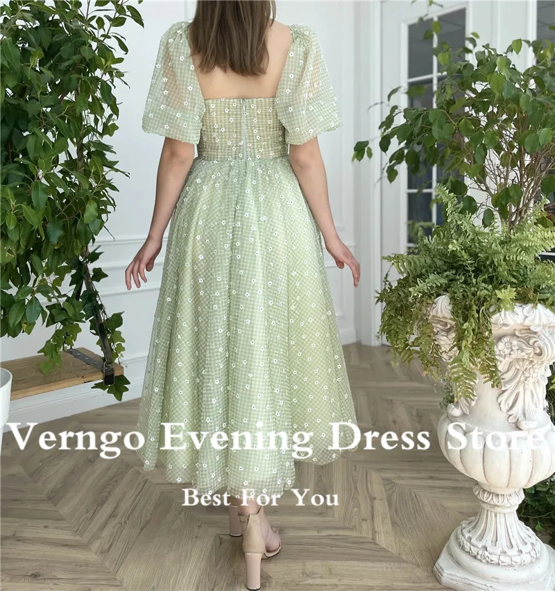 

Verngo 2021 Green Tulle Gingham With Poppies A Line Prom Dress Puff Sleeves Sweetheart Corset Tea Length Formal Party Gowns