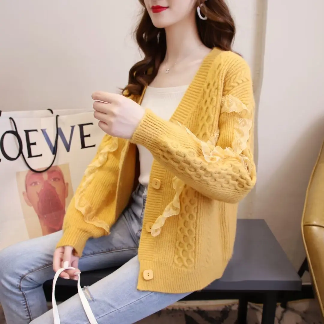 

2021 autumn new sweater versatile loose lace sweater students lazy cardigan coat