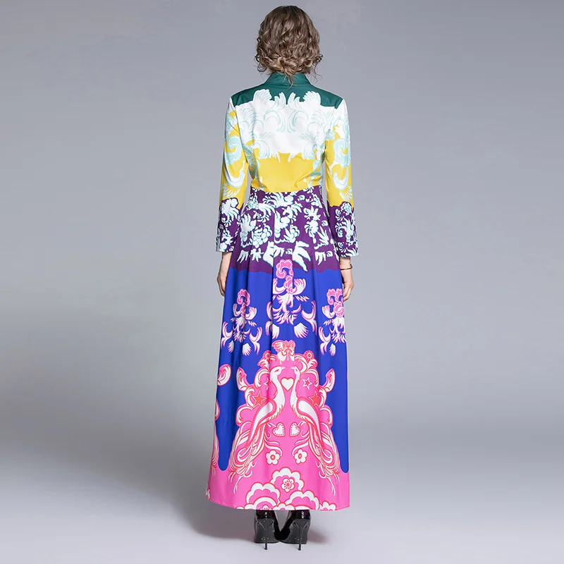 

autumn winter Designer Runway Dress Long Sleeve Maxi Dress Women's Turn Down Collar Hit Color Floral Print Vintage Long Dress