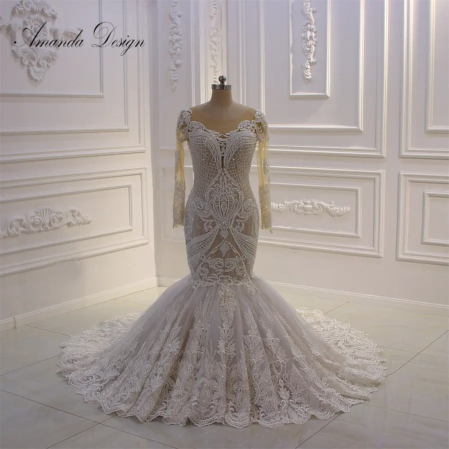 Аманда дизайн vestido de boda длинный рукав кружева Аппликации Шампанское Русалка свадебное платье