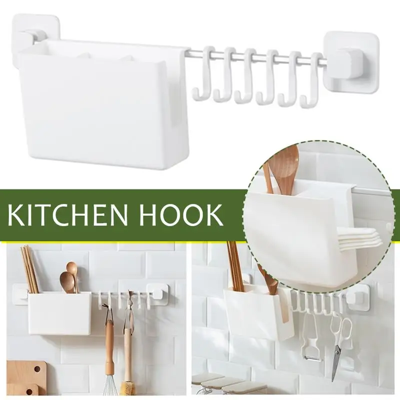 

Kitchen Hanging Rod with 6 Removable Hooks Chopsticks Basket Wall Mounted Storage Holder for Bathroom Kitchen