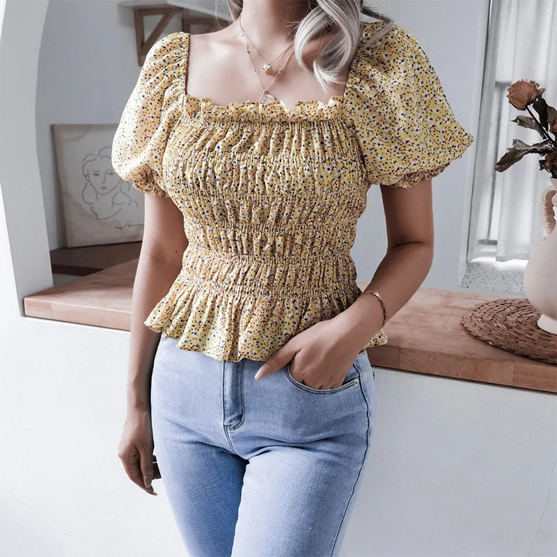 

Elegant Square Neck Chiffon T-Shirt Women Lantern Sleeve Ruffle T Shirts Female Folds Ruched Tshirt Tees Print Slim Tops Summer