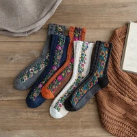 new retro ethnic style women socks with flower casual comfortable ladies funny cute spring autumn cotton girls crew sox gifts