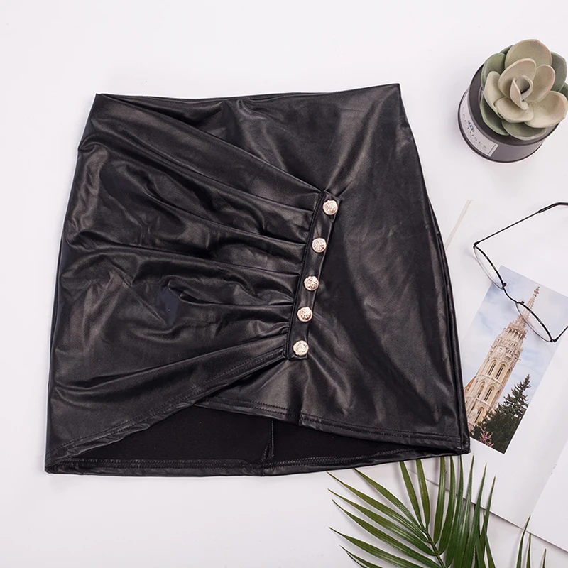 

Skirt Girls Punk Button High Waist Skirts Womens 2020 Fashion PU Leather Black Pencil Mini Skirts Jupe Femme