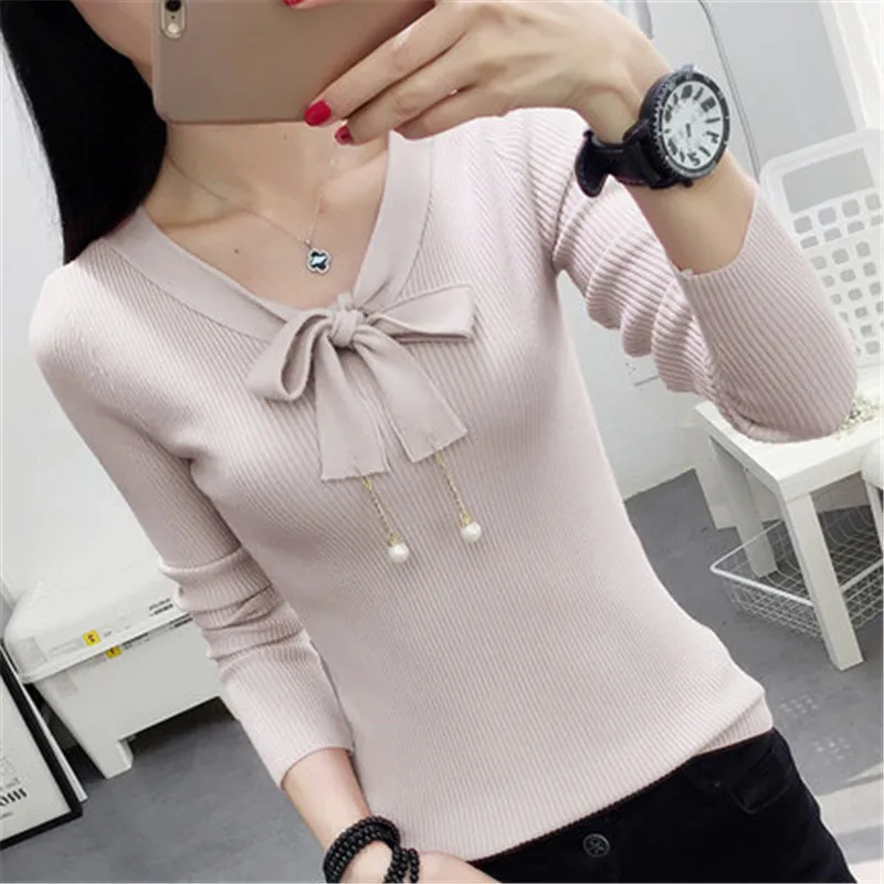 

Women Tops Bow Stitching Pullover Sweater with Pearls Winter Clothes New Korean Slim Sweater Shirt Long Sleve