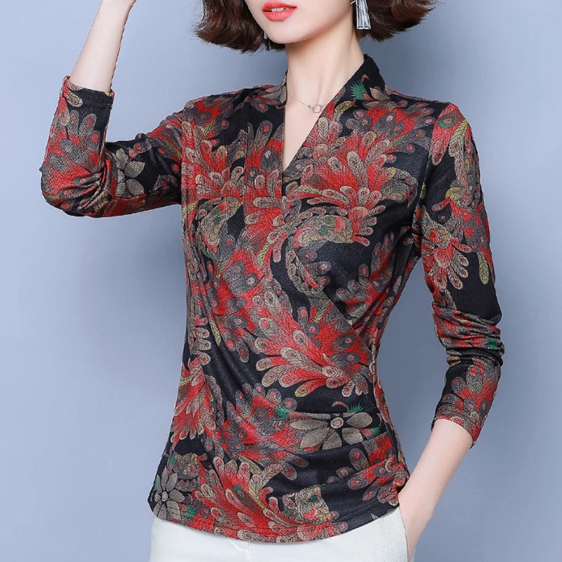 

Printed V-neck bottoming shirt female long-sleeved blusas mujer de moda 2020 spring autumn new ladies tops wild T-shirt women