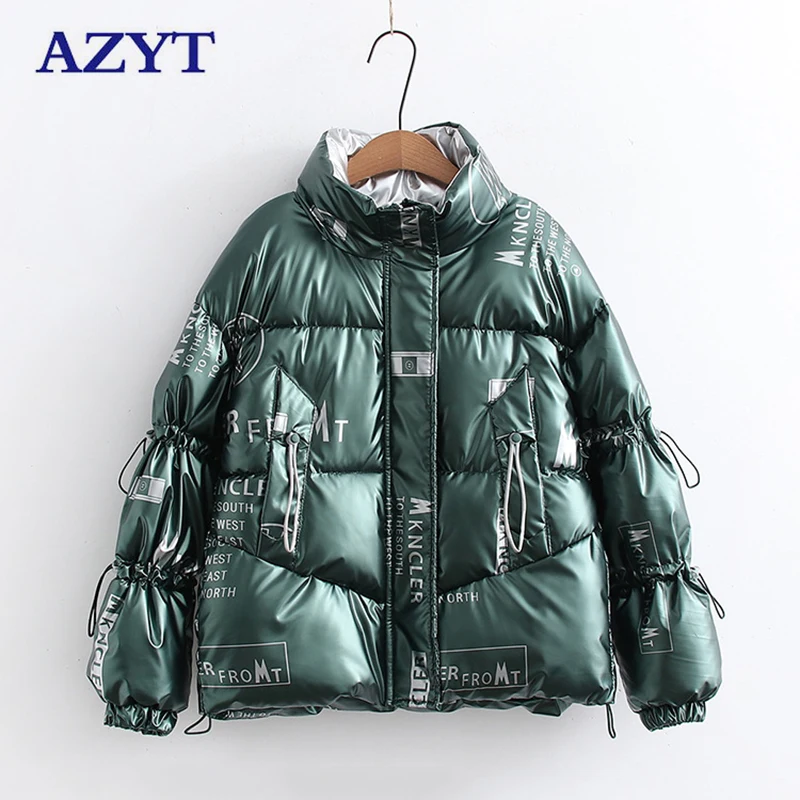 

AZYT Glossy Windproof Women Winter Jacket Letter Print Stand Collar Parkas Women Thicken Warm Cotton Padded Jacket Female 2021
