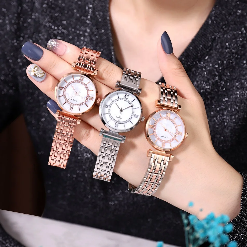 Простые розовые женские золотые часы с кристаллами из нержавеющей стали