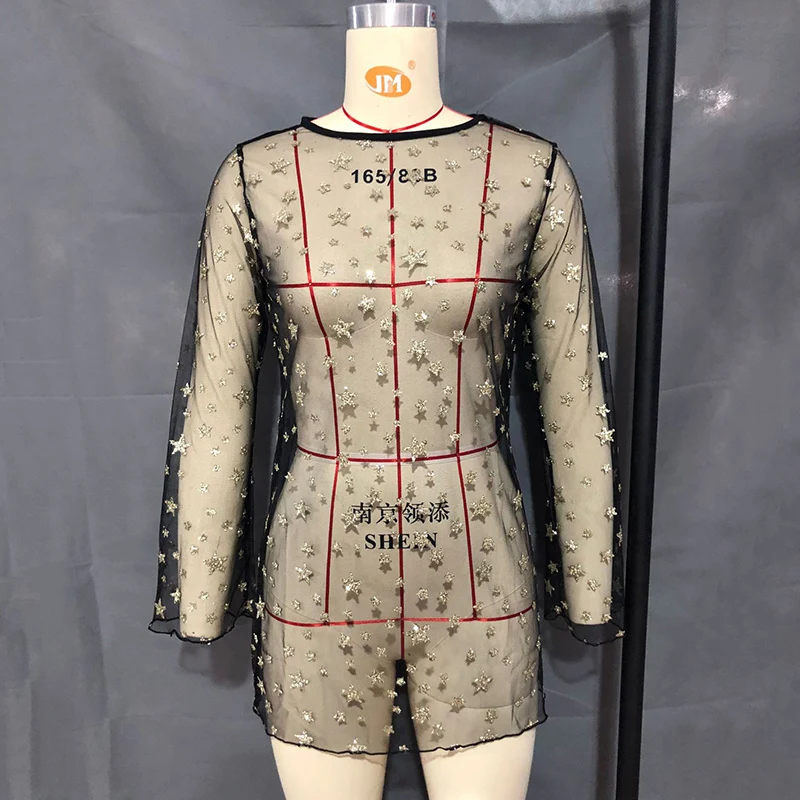 Сетчатое горячее тиснение звезда черное платье с длинным рукавом Прозрачный O