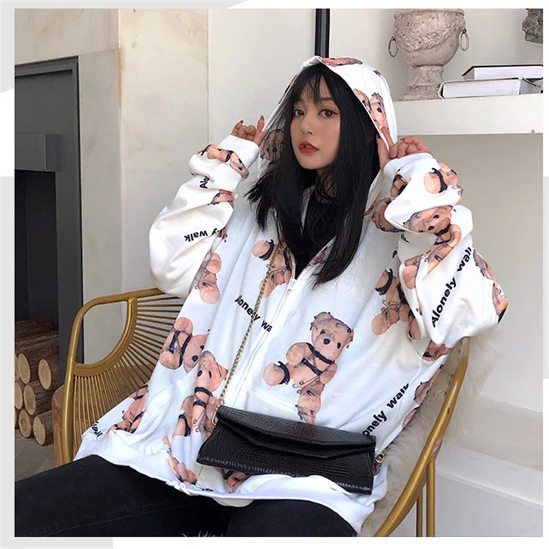 

Autumn New Harajuku Commuter Oversized Loose Cardigan Kawaii Bear Cartoon Hooded Sweater Female Bf Lazy Style Thin Coat