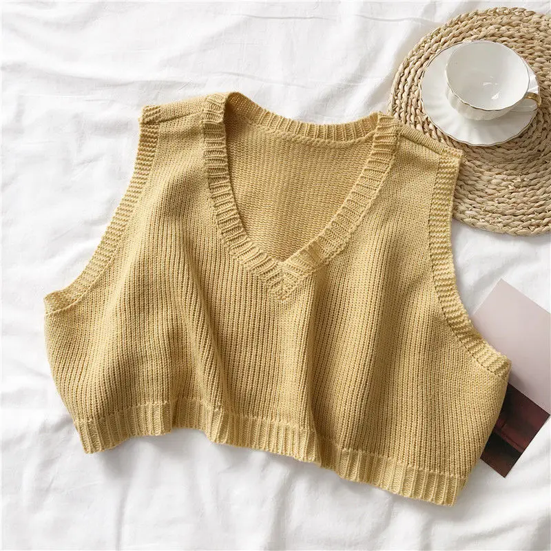 

Sweater Vest Lovely Candy Color V-neck College Girls Cropped Knitwear Summer Autumn All-match Basic Fashion Ins Ladies Jumpers