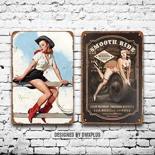 

Металлический знак (набор из 2) Плавная пещера для катания, мужская пещера, сексуальная пинап-девушка, винтажный внешний вид, настенное украш...