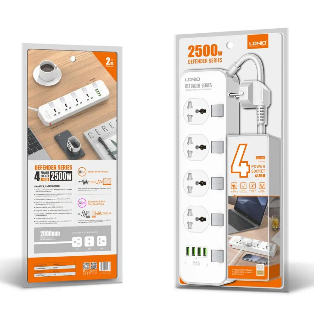 

Universal Surge Protector 10A 100-240V 4-Outlet power strip with 2 meters Long Power Cords and US/EU/UK Power Plug