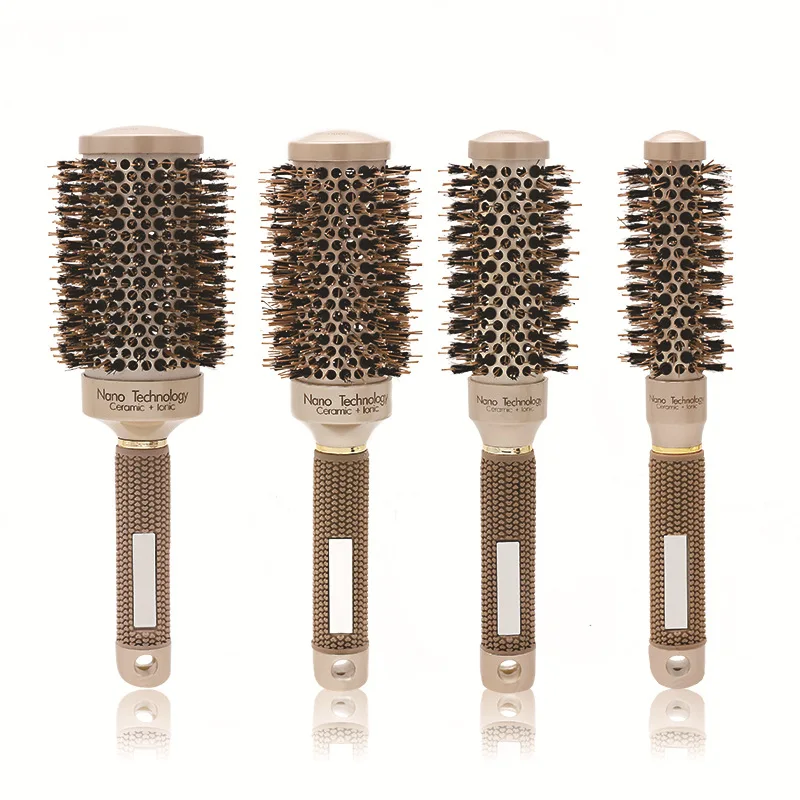 

High Quality Hairdresser Brush Aluminum Barrel Hair Ceramic Round Comb with Boar Bristle Ionic Curling Brush Barber Comb